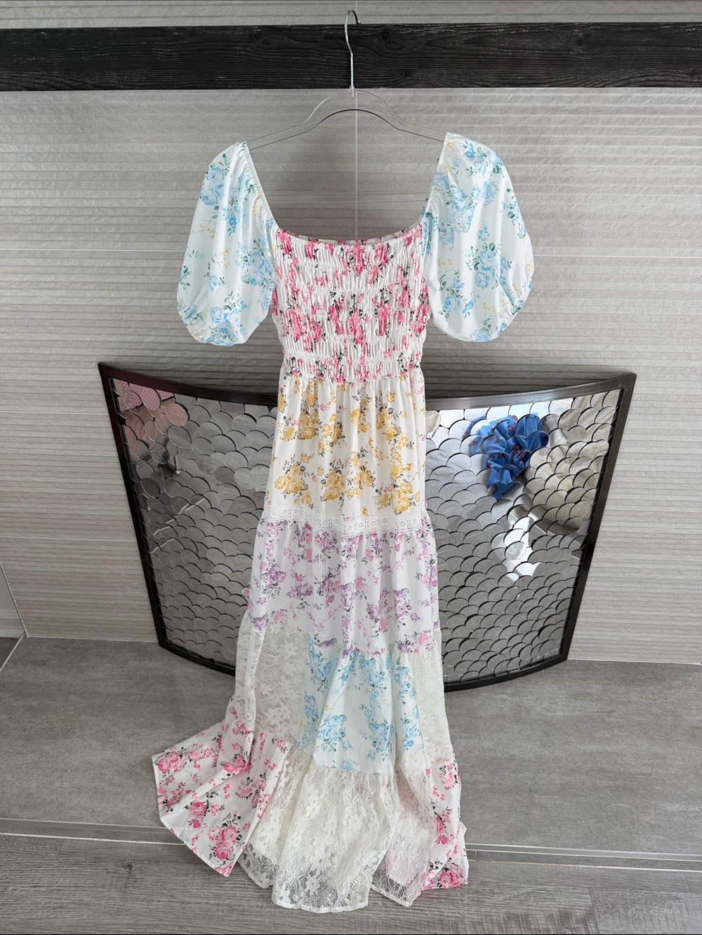 Chicwish White Maxi Dress with Pink, Blue & Yellow Floral Print